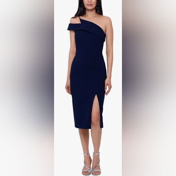 Xscape Womens Knit One Shoulder Midi Dress NWOT size 4 Blue - Picture 1 of 5